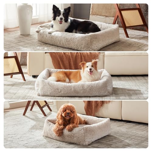 JOEJOY XL Dog Beds Large Sized Dog, Removable Washable Cover Orthopedic Soft Faux Rabbit Fur Pet Bed, Anti-Slip Fluffy Plush Faux Rabbit Fur Puppy Bed, 42"x36"x9", Leopard Print, Beige - color: Beige, size: XL (42"x36"x9")
