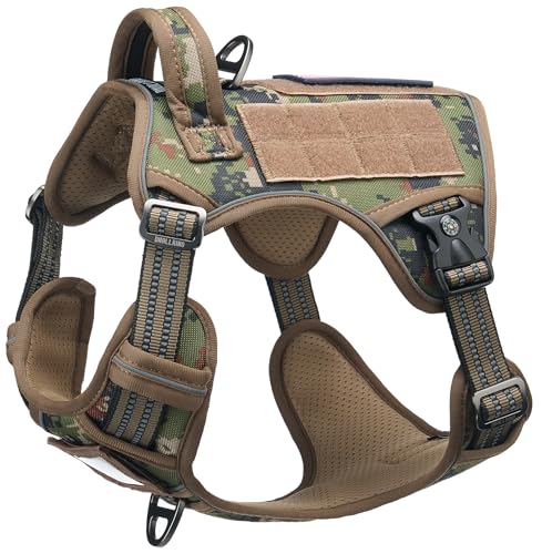 Tactical Dog Harness for Medium & Large Dogs, Woodland Camo Adjustable No-Pull Control with Handle, Heavy Duty Reflective Vest - Size XL - color: Woodland Camo, size: XL