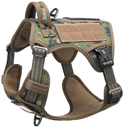 Tactical Dog Harness for Medium & Large Dogs, Woodland Camo Adjustable No-Pull Control with Handle, Heavy Duty Reflective Vest - Size XL - color: Woodland Camo, size: XL