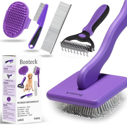Bonteck Dog Slicker Brush for Dogs Grooming Kit 5PCS | Large Dog Brush for Goldendoodles Poodles Doodles | Long Pin Haired Brush | Poodle Brushes and Comb (Purple) - color: Purple