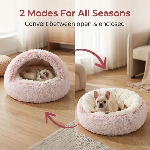 Cozy Zipper Convertible Cat Bed Cave, 2 in 1 Round Plush Donut Dog Bed with Removable Hood, Warm Fuzzy Enclosed Pet Nest Bed for Small Dogs Kittens, Machine Washable (Pink, 19.7 in Small Size) - color: Pink, size: 19.7 in Small Size