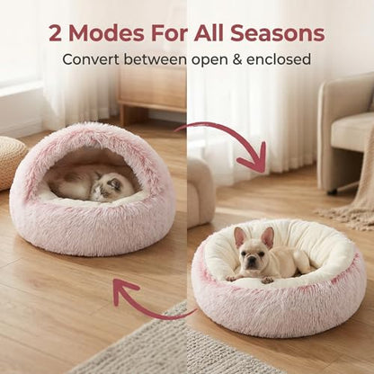 Cozy Zipper Convertible Cat Bed Cave, 2 in 1 Round Plush Donut Dog Bed with Removable Hood, Warm Fuzzy Enclosed Pet Nest Bed for Small Dogs Kittens, Machine Washable (Pink, 23.6 in Medium Size) - color: Pink, size: 23.6 in Medium Size