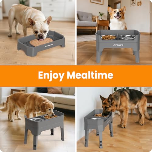 URPOWER 3-in-1 Elevated Dog Bowls - Mess Proof Double Deck 4 Height Adjustable Raised Stand with 2 Stainless Steel Food Bowls & Licking Plate for Small, Medium & Large Dogs - color: Grey, size: Large