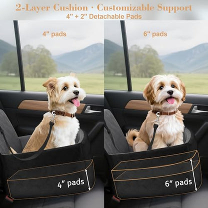 Dog Car Seat for Small/Medium Dogs,Pet Dog Booster Car Seat Puppy 15-35 lbs with Soft 4+2in Detachable Pads Detachable Elevated Cushion and Washable Cover Safety Belt Storage Pockets Easy to Install - color: grey+black