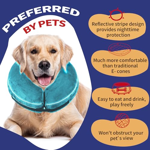 Inflatable Reflective Dog Cone Collar Alternative After Surgery,Doggie Recovery Dount Neck Ecollar,Adjustable Soft Dog Cone Collar for Small Medium Large Dogs (Light Blue, L) - color: Light Blue, size: Large（14"-16"）