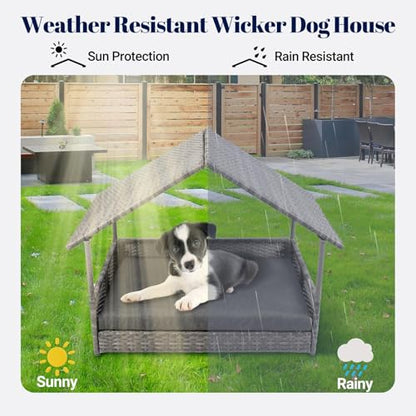Heeyoo Wicker Dog House, Elevated Rattan Dog Bed with Canopy, Large Dog House Outdoor with Water Resistant Cushion, Outside Rattan Dog House for Dogs with Protective Cover, Grey