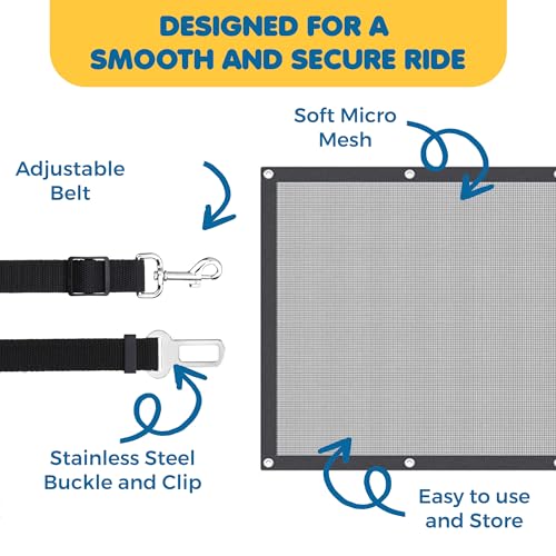 SunGrow Dog Seat Belts with Barrier, 2 Adjustable 28" Nylon Belts, 24" x 45" Micro Mesh Net Divider for Cars, SUVs, and Trucks, 4 Hooks and Luggage Ropes for Assembly, Black, 1 Set per Pack - color: 2 Black Belts+1 Barrier