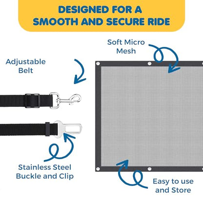 SunGrow Dog Seat Belts with Barrier, 2 Adjustable 28" Nylon Belts, 24" x 45" Micro Mesh Net Divider for Cars, SUVs, and Trucks, 4 Hooks and Luggage Ropes for Assembly, Black, 1 Set per Pack - color: 2 Black Belts+1 Barrier