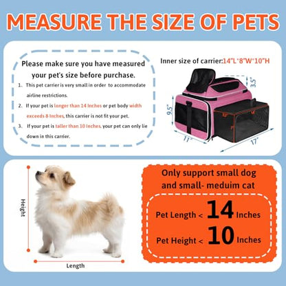 Petskd Top and Side Expandable Pet Carrier 17x11x9.5 Inches Alaska Airline Approved, Soft-Sided Carrier for Small Cats and Dogs with Locking Safety Zippers and Anti-Scratch Mesh(Pink) - color: Pink, size: 17.0"L x 11.0"W x 9.5"H