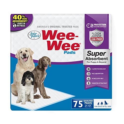 Four Paws Wee-Wee Super Absorbent Unscented Pee Pads for Dogs & Puppies with Insta-Rise Border, Leak-Proof Dog Housebreaking Potty Training Floor Protection, 24" x 24", 75 Count (Packaging May Vary) - size: 75 Count