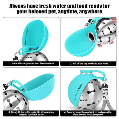 Portable Dog Water Bottle 10oz Stainless Steel Travel Dog Water Dispenser with Bowl No-Spill Puppy Water Bottle for Walking Hiking Small Dog Water Bottle (Blue Bow Print) - color: Blue Bow Print