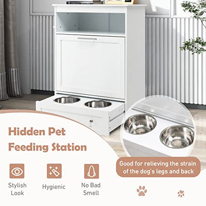 Dog Feeding Station, Dog Food Storage Cabinet w/Double Raised Dog Bowls, Pull Out Design, Large Dog Feeder Station Container for Pets Toy, Feeding & Watering Supplies (White) - color: White