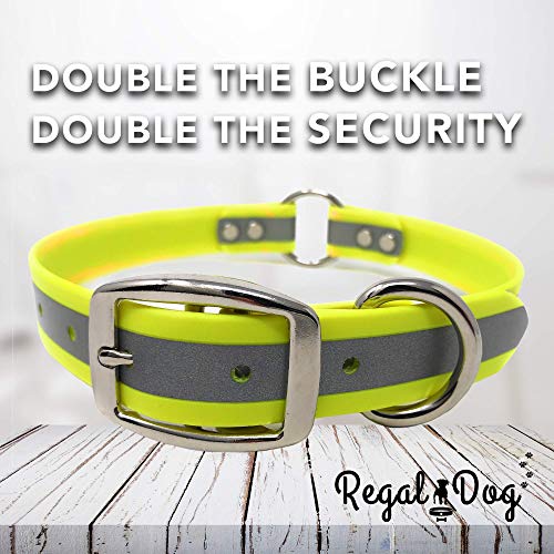 Regal Dog Products Medium Yellow Reflective Dog Collar with Custom Engraved Name Plate and Heavy Duty Center Ring | Waterproof Biothane Personalized Dog Collars - Other Sizes for Small & Large Dogs - color: Yellow, size: Medium