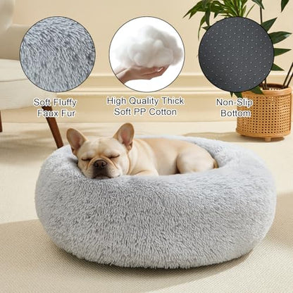 Dog Bed Calming Beds for Small Medium Dogs - Round Donut Washable Dog Bed, Anti-Slip Faux Fur Fluffy Donut Cuddler Anxiety Cat Bed(Light Grey 24") - color: Light Gray, size: 24"L x 24"W x 8"Th