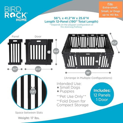BIRDROCK HOME Dog Playpen w/Door, 12 Panel, 25.6in H | Strong Plastic, Non-Slip Puppy Playpen, Secure Pet Gate | Indoor Outdoor Fence | Configurable Panels | Small to Medium Pets - Black - color: Black, style: 12 Panels