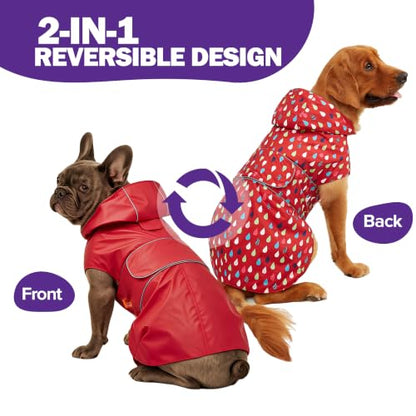 Kimee Dog Raincoat Reversible, Single Side Slicker Poncho Adjustable Waterproof Dog Rain Jacket with Leash Hole/Reflective Stripe Hooded Snowproof Windproof Clothes for Small to 3X-Large Dogs, S - color: Red, size: Small