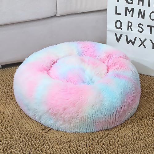 Calming Dog Bed for Small Dogs, Calming Donut Cuddler Pet Bed Anti Anxiety Round Dog Bed Fluffy Plush Faux Fur Cat Bed,Colorful Pink,15.7IN - color: Colorful Pink, size: 15.7IN