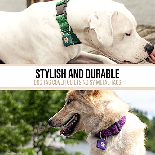 Woofhoof Dog Tag Silencer, Black Pawprint - Quiet Noisy Pet Tags - Fits Up to Four Pet IDs - Dog Tag Cover Protects Metal Pets IDs, Made of Durable Nylon, Universal Fit, Machine Washable
