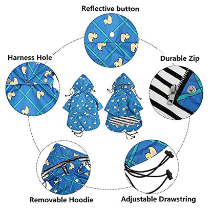Morezi Dog Zip Up Raincoat with Reflective Buttons, Rain/Water Resistant, Adjustable Drawstring, Removable Hood, Raincoats with Legs 8lbs to 80lbs Available - Grid Blue - S - color: Grid Blue, size: Small