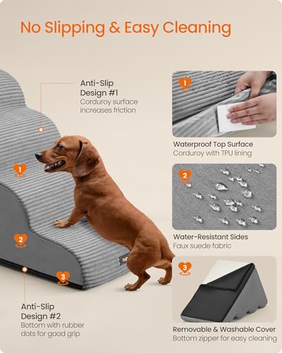 Feandrea 4-Step Dog Stairs, Dog Steps for Bed, Sofa, Waterproof Pet Stairs with Anti-Slip Designs, Gentle Slope, Removable Washable Cover, Handle, Dove Gray UPPS004G01 - size: 4-Step
