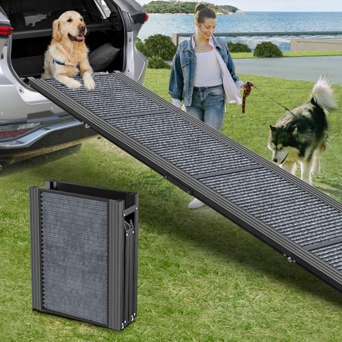 Upgraded Dog Ramp for Car 71" X-Long & 20" Wider Folding Dog Ramps for Large Dogs with Non-Slip Rug Surface Portable Dog Car Ramp for SUV Car & Truck, Outdoor Dog Ramp Up to 270 LBS - size: Upgraded 71" L x 20" W