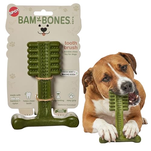 SPOT Bam-Bones Plus Toothbrush Dog Chew Toy for Medium Dogs 30-60 lbs, Bamboo & Nylon Dental Chew with Mint & Baking Soda, T-Bone Shape for Moderate to Heavy Chewers, 6 Inch - size: 6 Inch (Pack of 1)