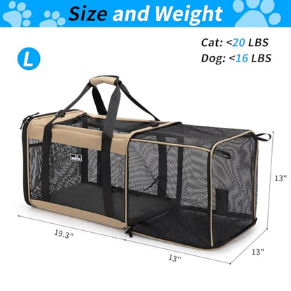 Wakytu Expandable Pet Carrier for Dogs & Cats, Large Travel Bag with 5 Mesh Windows, 2 Entrances, Locking Zippers & Padded Straps,L - size: 19.3"L x 13.0"W x 13.0"H