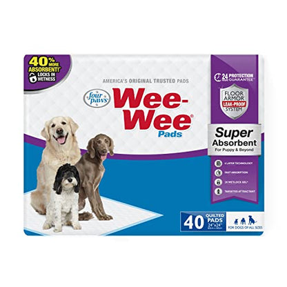 Four Paws Wee-Wee Super Absorbent Unscented Pee Pads for Dogs & Puppies with Insta-Rise Border, Leak-Proof Dog Housebreaking Potty Training Floor Protection, 24" x 24", 40 Count - size: 40 Count