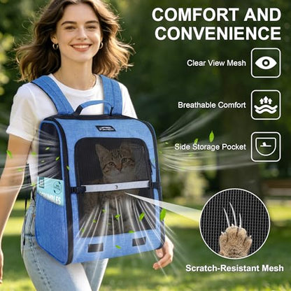 Cat Backpack Carrier with Ventilation Mesh and Safety Leash, Lightweight Dog Travel Backpack with Pockets, Reflective Strip, and Removable Mat,Hiking and Outdoor Use,Blue