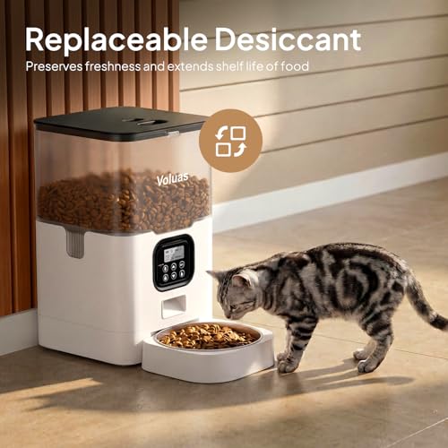 VOLUAS Automatic Cat Feeders - Pet Food Dispenser for Dry Food, Timed Cat Feeder with Desiccant Bag, Programmable Portion Size Control 4 Meals Per Day, 10s Voice Recorder | Programmable Portion Control, Up to 4 Meals Daily, Dual Power Supply, Power-Off Me
