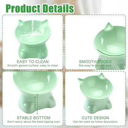 3PCS Elevated Cat Bowls, 15° Tilted Raised Cat Food Bowl Anti-Vomiting, Raised Cat Food and Water Bowl Set for Protecting Pet's Spine, Shallow Cat Food Dish Whisker Friendly - color: Cute Style