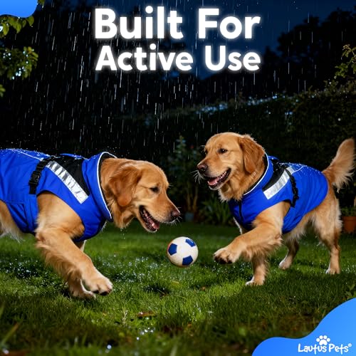 Waterproof Dog Rain Coat, Reflective Safety Strips & Leash Hole – Lightweight Adjustable Jacket for Medium Breeds - L, Blue - color: Blue, size: Large
