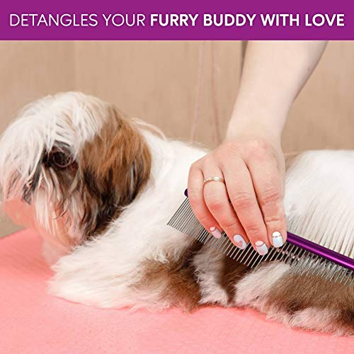 Dog Combs for Grooming Matting, 10-Inch Metal Comb for Dogs and Cats, Greyhound Grooming Comb with Fine and Wide Rounded Stainless Steel Teeth for Detangling Medium to Coarse Fur - size: 10"