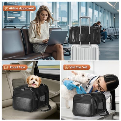 Fashion Leather Dog Carrier, Airline Approved Cat Carrier Soft Sided Pet Bag Carrier Purse for Puppy Kitten Small Animals Black - color: Black