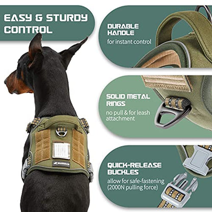 BUMBIN Tactical Dog Harness for Large Dogs, No Pull, Reflective, Green, L(Neck:19-25", Chest:21-35") - color: Green, size: L(Neck:19-25", Chest:21-35")