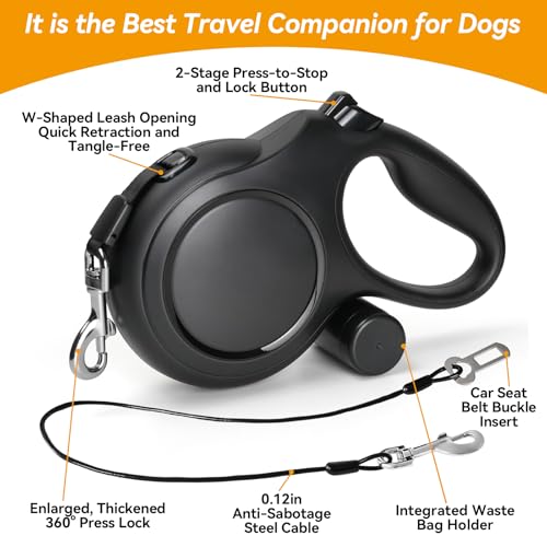 Upgraded Retractable Dog Leash with Chew Proof Cable, 26ft Heavy Duty Dog Leash for Large Dogs up to 110lbs, No-Tangle, Non-Slip Handle, One-Handed Brake, with Poop Bag Holder (Black, L 26ft) - color: Black