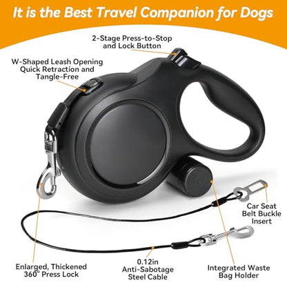 Upgraded Retractable Dog Leash with Chew Proof Cable, 26ft Heavy Duty Dog Leash for Large Dogs up to 110lbs, No-Tangle, Non-Slip Handle, One-Handed Brake, with Poop Bag Holder (Black, L 26ft) - color: Black