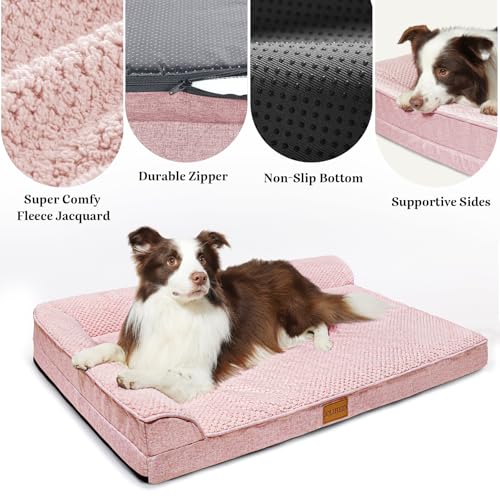 Orthopedic XL Dog Bed Large Sized Dog 48''X30'', Waterproof L Bolster Extra Large Egg Crate Foam Pet Crate Beds with Washable Removable Cover, Non-Slip Soft Pet Couch Mat, Pink - color: Pink, size: XXL:48x30x3.5 IN