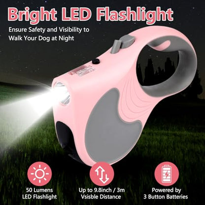 Retractable Dog Leash with Flashlight 16ft Walking Leash for Dogs up to 77lbs, 360° Tangle-Free Nylon Tape Anti-Slip Handle -Pink