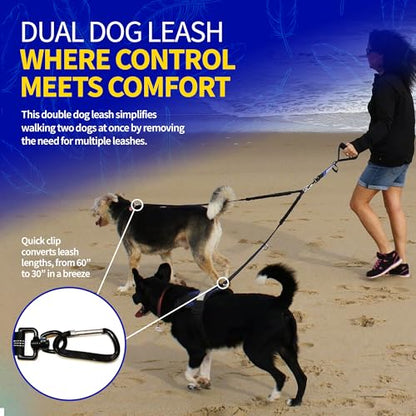 Pet Fit For Life 64" Lightweight Dual Dog Leash for Medium Dogs – Premium No Twist Double Leash with Soft Foam Handle | Shock-Absorbing Bungee & Durable Design | Added Collapsible Water Bowl - size: Small