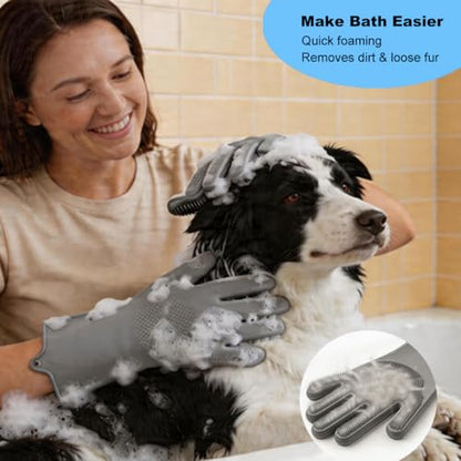 2PCS Dog Washing Gloves and Dog Bath Brush, Pet Shower Mitt with 3000 Soft Rubber Bristles, Adjustable Handle Scrubber for Bath, Massage and Grooming - color: Grey