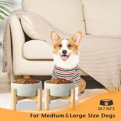 SPUNKYJUNKY Ceramic Elevated Dog Bowls 2 Pack - 6.1inch Raised Dog Bowls with Non-Slip Wooden Stand for Medium Dogs Dishwasher Safe(Grey,28.7OZ*2) - color: Grey, size: Medium - 3.6 CUPS*2