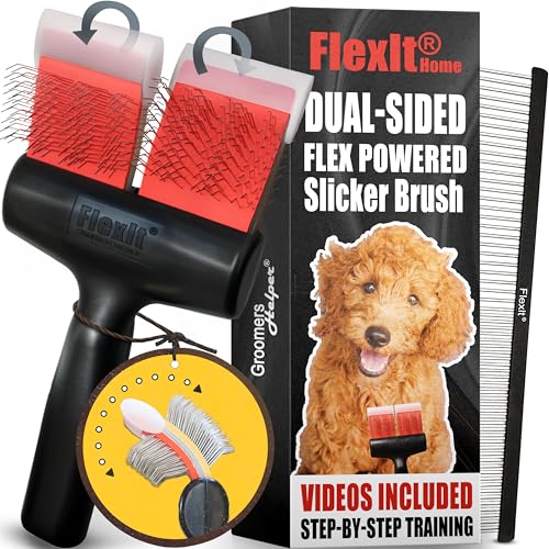 FlexIt Home - Flexible Slicker Brush for Dogs (Double, Firm Flex) | Dog Grooming Brush for Poodles, Golden Doodles, Huskies, Retrievers, and Labradoodles | 3-in-1 System & Video Trainings - color: Firm Flex - Double