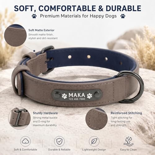 Personalized Anti-Lost Leather Dog Collar with Engraved Nameplate | Heavy duty metal buckle and clear laser marked ID. Features a smooth leather lining to protect fur during daily walks. - size: XXL: Adjustable Neck 20.87-25.20", Width 1.38"