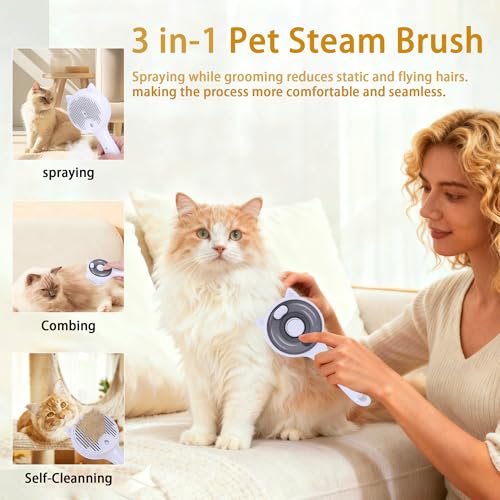 Pet Steam Brush for Cats & Dogs ，3-in-1 Pet Grooming Comb，Reduces Shedding, Soft Bristles, Promotes Healthy Coat-Comes - Includes Waterless Shampoo，White - color: White