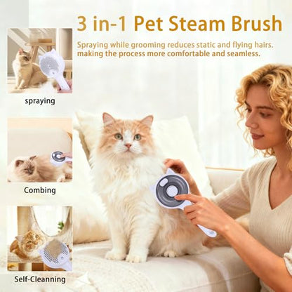 Pet Steam Brush for Cats & Dogs ，3-in-1 Pet Grooming Comb，Reduces Shedding, Soft Bristles, Promotes Healthy Coat-Comes - Includes Waterless Shampoo，White - color: White