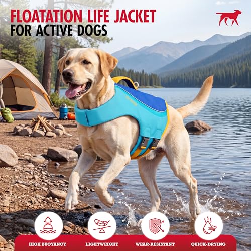 Tuff Pupper Dog Life Jacket | High Buoyancy Dog Swim Vest with Rescue Handle | Adjustable Secure Fit | Reflective Safety Trim | Pet Flotation Jacket for Swimming Boating Kayaking (Blue/Yellow, M) - size: Medium