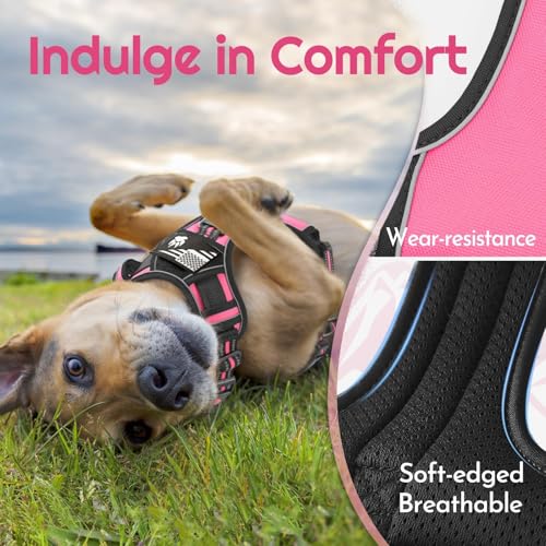 Eagloo Dog Harness Medium Sized, Easy Wearing with 3 Buckles, Adjustable No Pull Pet Harness with 2 Rings for Walking, No Chock Reflective Soft Padded Vest with Control Handle, Pink & Black, M - color: Pink & Black, size: Medium