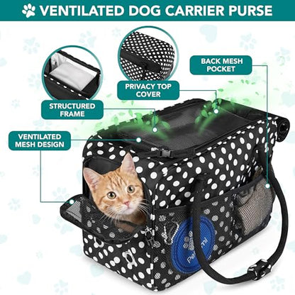 PetAmi Dog Purse Carrier for Small Dogs Cats, TSA Airline Approved Soft-Sided Pet Carrier with Pockets, Ventilated Travel Tote Bag with Bed & Shoulder Strap, Puppy Kitten, Max 12 lbs, Polka Dot Black - color: Polka Dot Black