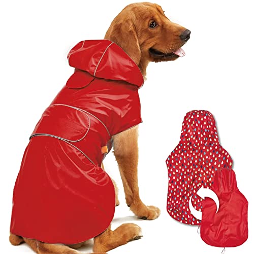 Kimee Dog Raincoat Reversible, Single Side Slicker Poncho Adjustable Waterproof Dog Rain Jacket with Leash Hole/Reflective Stripe Hooded Snowproof Windproof Clothes for Small to 3X-Large Dogs, 3XL - color: Red, size: 3X-Large